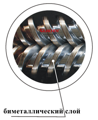 Биметаллический слой инкрустации на зубцах винта
